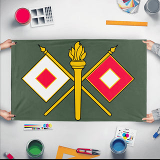A mockup of the custom flag 'US Army Signal Corps Flag' held up on a table during print checking