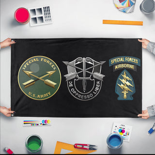 A mockup of the custom flag 'US Army Special Forces Branch flag' held up on a table during print checking