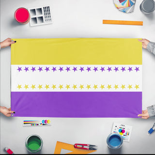 A mockup of the custom flag 'Women's Suffrage Victory Flag' held up on a table during print checking