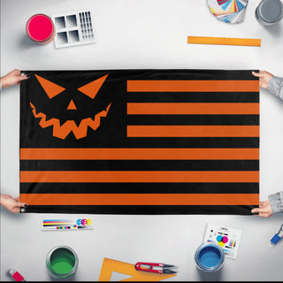 A mockup of the custom flag 'Halloween Flag' held up on a table during print checking
