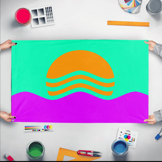 A mockup of the custom flag 'Vaporwave Flag' held up on a table during print checking