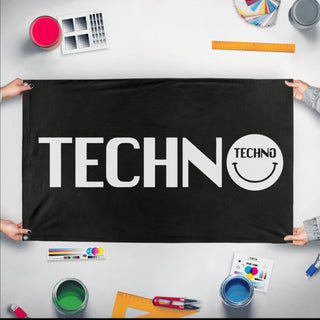 A mockup of the custom flag 'Techno Rave Flag' held up on a table during print checking