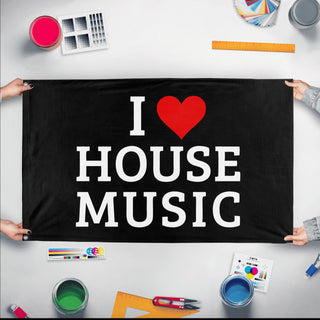 A mockup of the custom flag 'House Music Flag' held up on a table during print checking