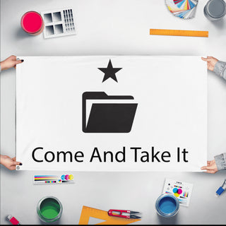 A mockup of the custom flag '3D Printing Flag' held up on a table during print checking