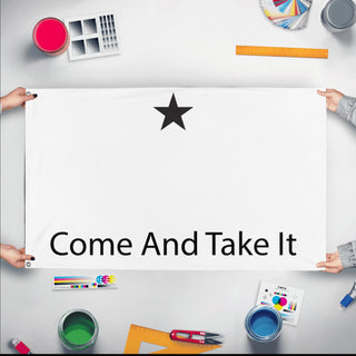 A mockup of the custom flag 'Come and Take It M4 Flag' held up on a table during print checking
