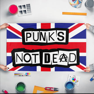 A mockup of the custom flag 'Punk Is Not Dead Flag' held up on a table during print checking