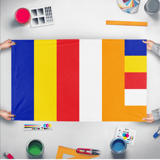 A mockup of the custom flag 'Buddhism Flag' held up on a table during print checking