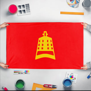 A mockup of the custom flag 'Confucianism Flag' held up on a table during print checking