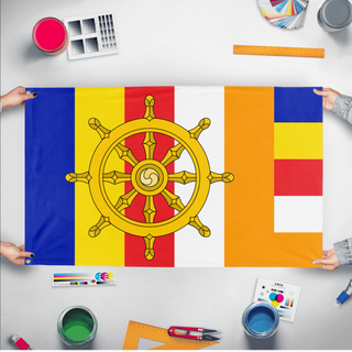 A mockup of the custom flag 'Dharma Buddhist Flag' held up on a table during print checking