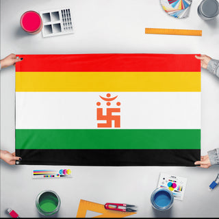 A mockup of the custom flag 'Jainism Flag' held up on a table during print checking