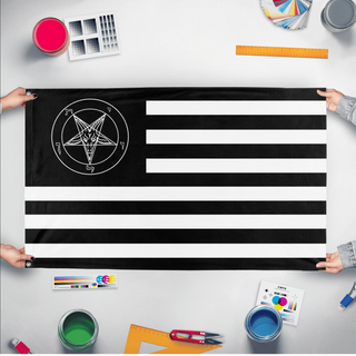 A mockup of the custom flag 'Satanic United States Flag' held up on a table during print checking