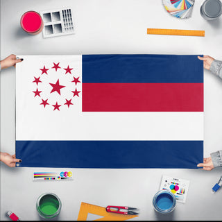 A mockup of the custom flag '11th Texas Cavalry Flag' held up on a table during print checking