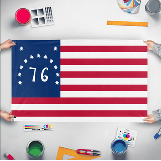 A mockup of the custom flag 'Bennington Flag' held up on a table during print checking