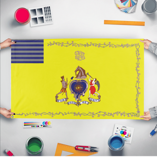 A mockup of the custom flag 'Philadelphia Light Horse Flag' held up on a table during print checking