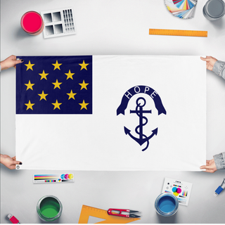A mockup of the custom flag 'Rhode Island Regiment Flag' held up on a table during print checking