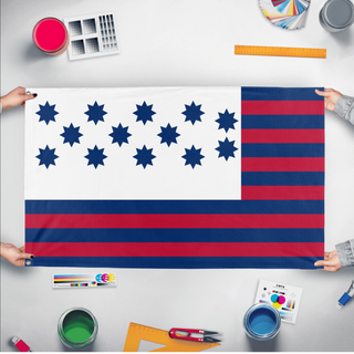 A mockup of the custom flag 'Guilford Courthouse Flag' held up on a table during print checking