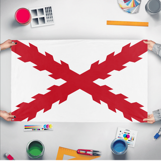 A mockup of the custom flag 'Cross of Burgundy Flag' held up on a table during print checking