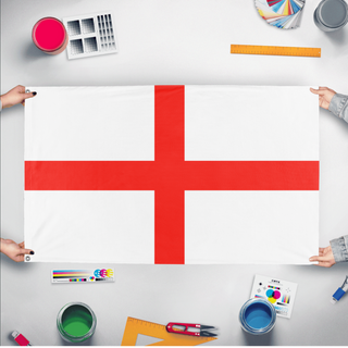 A mockup of the custom flag 'St. George's Cross Flag' held up on a table during print checking