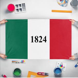 A mockup of the custom flag 'Alamo Flag' held up on a table during print checking