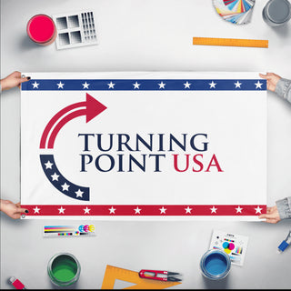 A mockup of the custom flag 'Turning Point USA flag' held up on a table during print checking