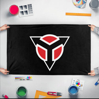 A mockup of the custom flag 'black helghast empire flag' held up on a table during print checking