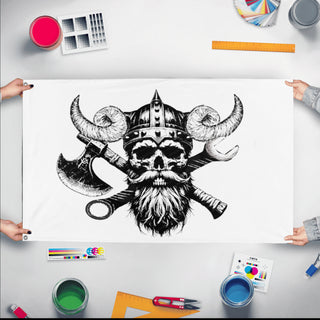 A mockup of the custom flag 'viking shop flag' held up on a table during print checking