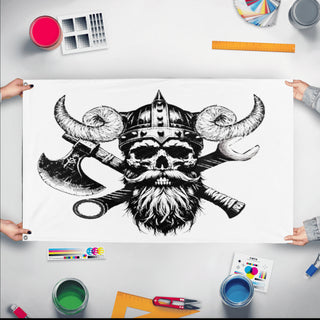 A mockup of the custom flag 'viking flag' held up on a table during print checking