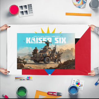 A mockup of the custom flag 'T flag' held up on a table during print checking