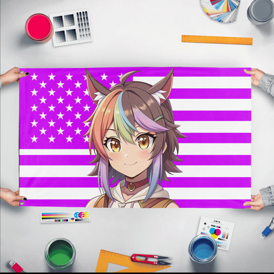 A mockup of the custom flag 'Oshi Vtuber flag' held up on a table during print checking