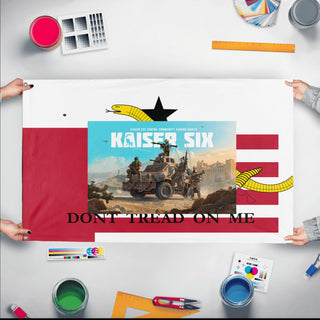 A mockup of the custom flag 'T flag' held up on a table during print checking