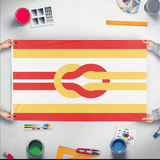 A mockup of the custom flag 'kjfhkjgf flag' held up on a table during print checking