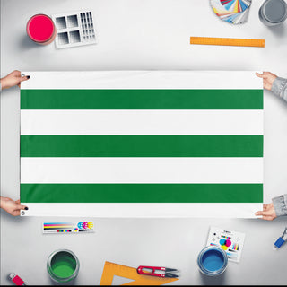 A mockup of the custom flag '. flag' held up on a table during print checking