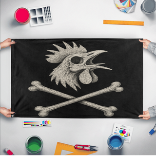 A mockup of the custom flag '853 Jolly Roger flag' held up on a table during print checking