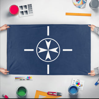 A mockup of the custom flag 'Order of St. Vince flag' held up on a table during print checking