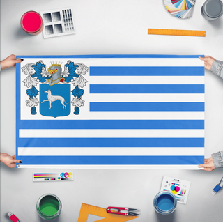 A mockup of the custom flag 'CoatOfArms flag' held up on a table during print checking