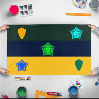 A mockup of the custom flag 'La Federation pro neutral flag' held up on a table during print checking
