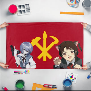 A mockup of the custom flag 'Juchean anime flag' held up on a table during print checking