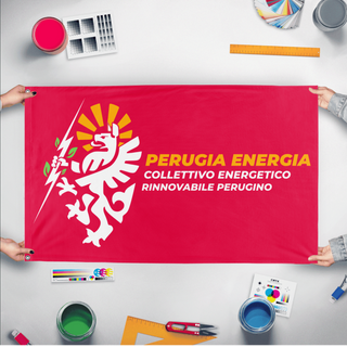 A mockup of the custom flag 'Perugia CER flag' held up on a table during print checking