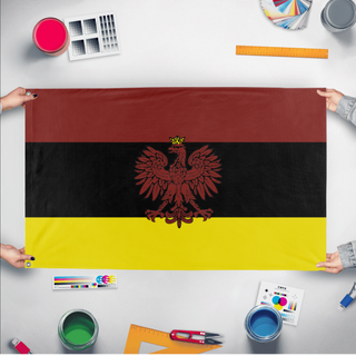 A mockup of the custom flag 'Kingdom of Helos flag' held up on a table during print checking