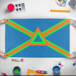 A mockup of the custom flag 'The new flag of Imperia flag' held up on a table during print checking