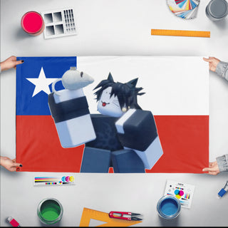 A mockup of the custom flag 'chileantwotime flag' held up on a table during print checking