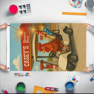 A mockup of the custom flag 'CG BUTTHURT flag' held up on a table during print checking