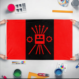 A mockup of the custom flag 'FALANGD flag' held up on a table during print checking