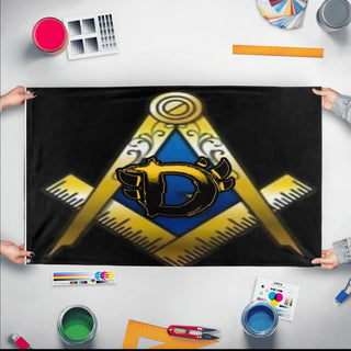 A mockup of the custom flag 'Demonlist flag' held up on a table during print checking