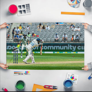 A mockup of the custom flag 'Virat Kohli flag' held up on a table during print checking