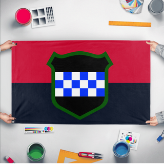 A mockup of the custom flag '99th DIV flag' held up on a table during print checking