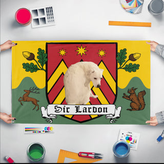 A mockup of the custom flag 'Sir Lardon flag' held up on a table during print checking