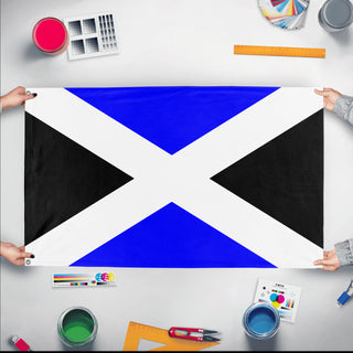 A mockup of the custom flag 'Jacob D flag' held up on a table during print checking