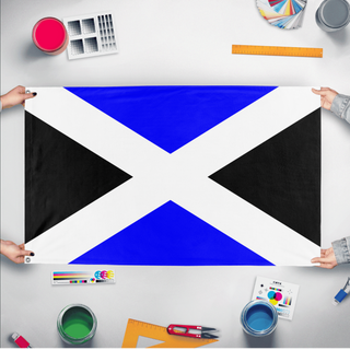 A mockup of the custom flag 'grudging owl flag' held up on a table during print checking