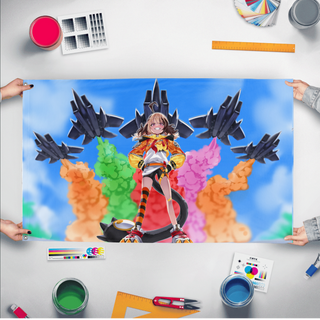 A mockup of the custom flag 'Custom Request flag' held up on a table during print checking